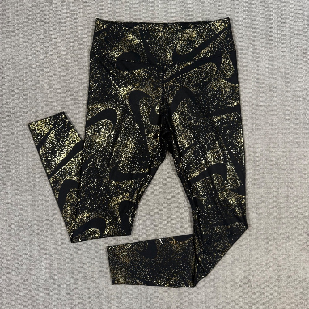 Nike Leggings Womens Medium Black Gold Metallic Speckle Logo Athletic Yoga Pants